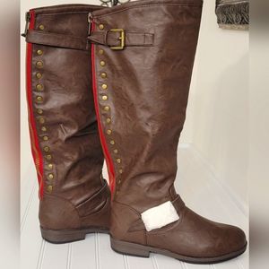Knee high boots brown with red
